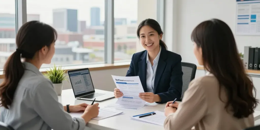 Young couple discussing Red Deer loans with a friendly loan officer in a welcoming office.