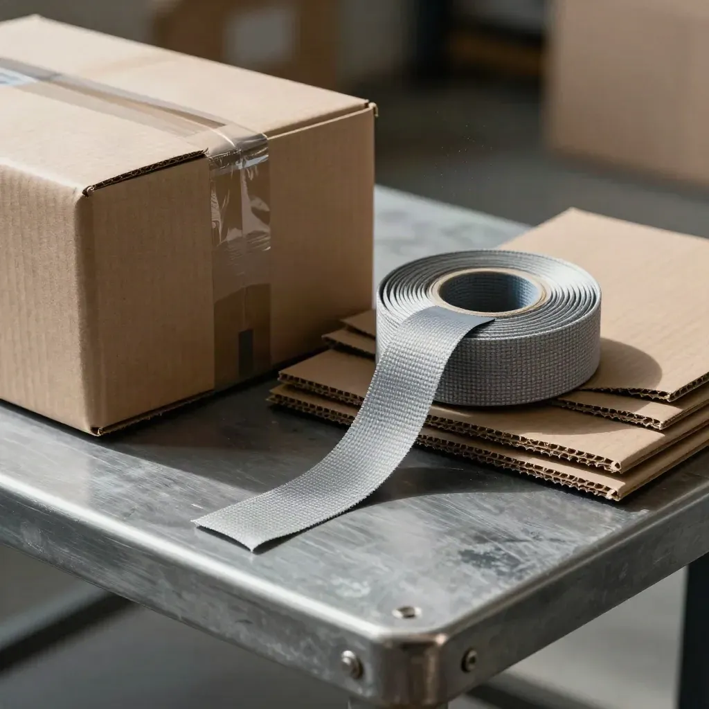 Logistieke kartonhoeken, spanband en cargo seal op geborsteld metaal met zacht licht.