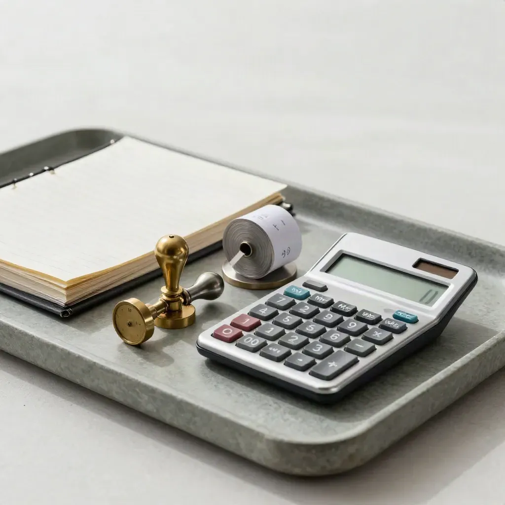 Brass date stamp, ledger, receiptrol en rekenmachine op een sagegrijze steenplaat.