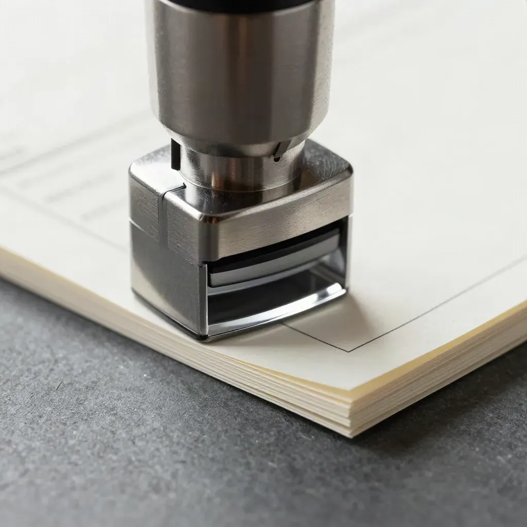 Compacte metalen datumstempel naast factuurblok en carbonkopieën op een grijze steenplaat.