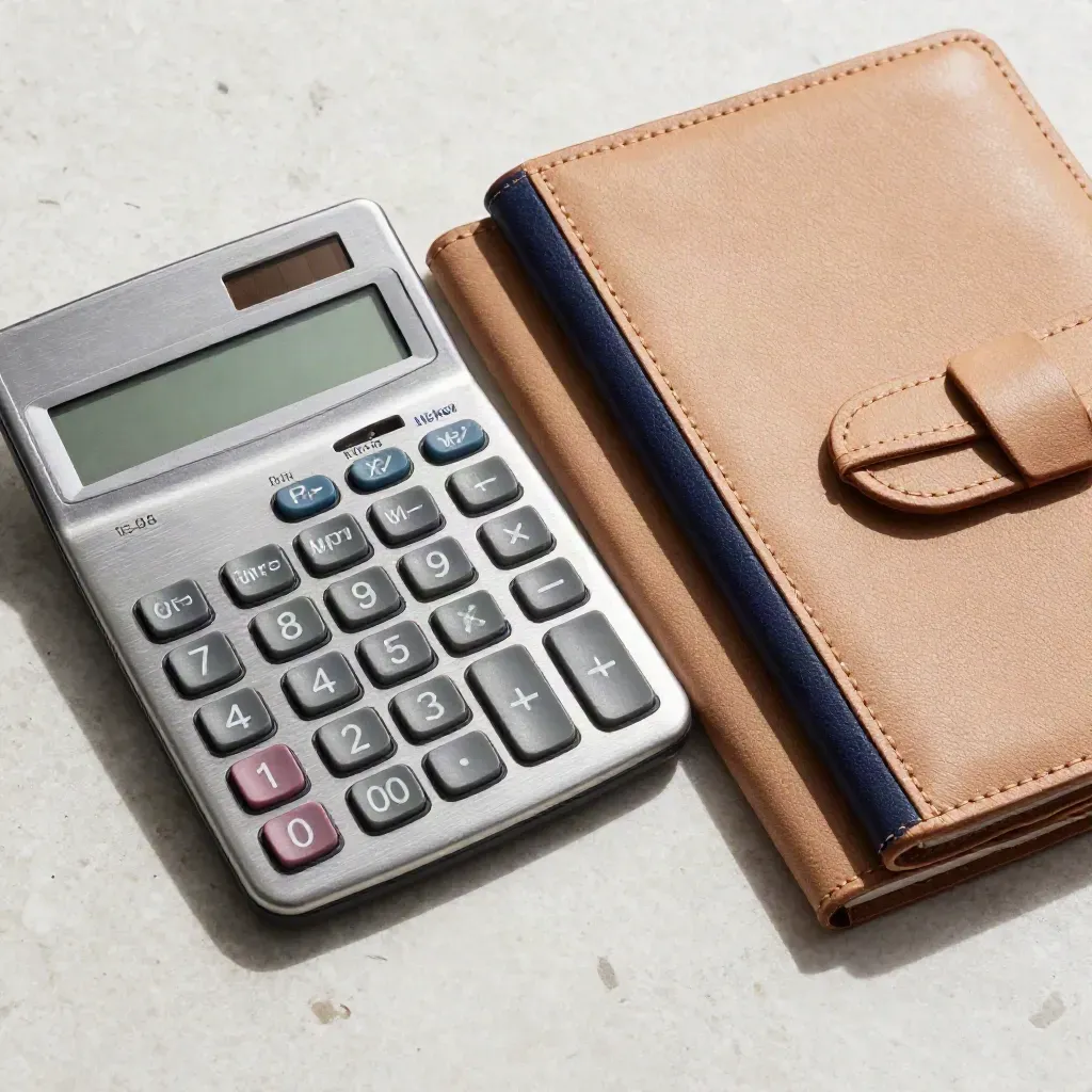 Bovenaanzicht van een rekenmachine, archiefclip, ledger en geldpouch op travertin.