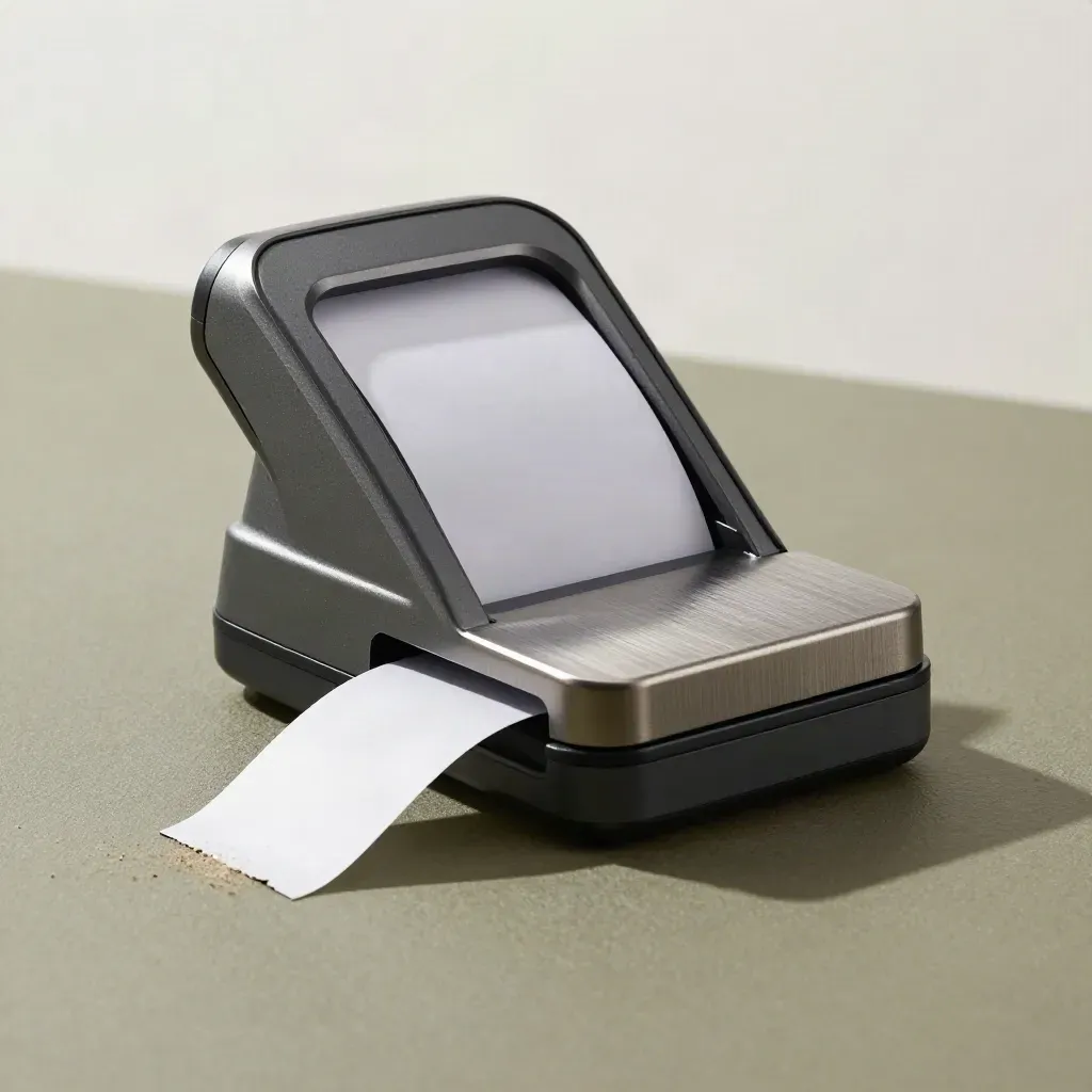 Receiptscanner op dock met omgekrulde kassabon en smalle opvangtray op matte metalen ondergrond.