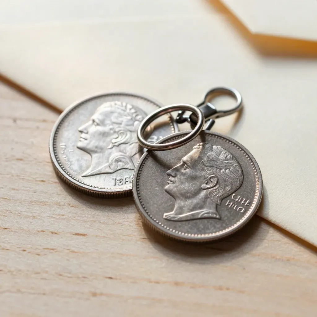 Close-up van banktokens, ringklemmen en een gesloten transferenvelop op licht hout.