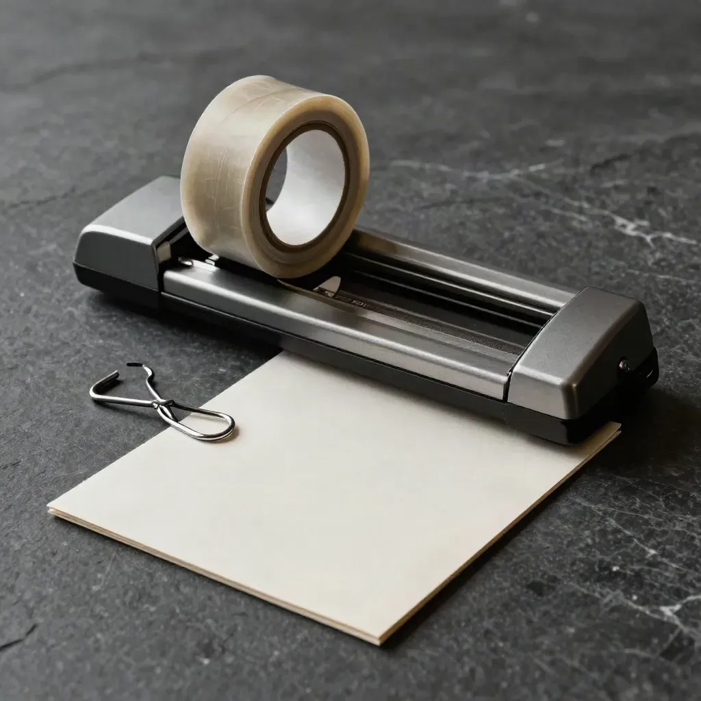 Parcelsnijder, tape, waybillsleeve en stalen haakclip op donkere steen in koel dramatisch licht.