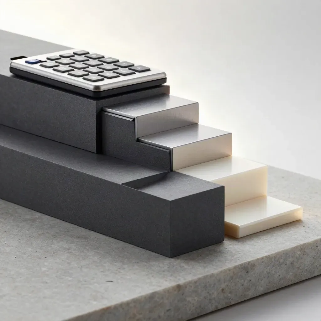 Macro van ledgerblokjes, calculator en trays op lichte steen, met strijklicht en stofdeeltjes.