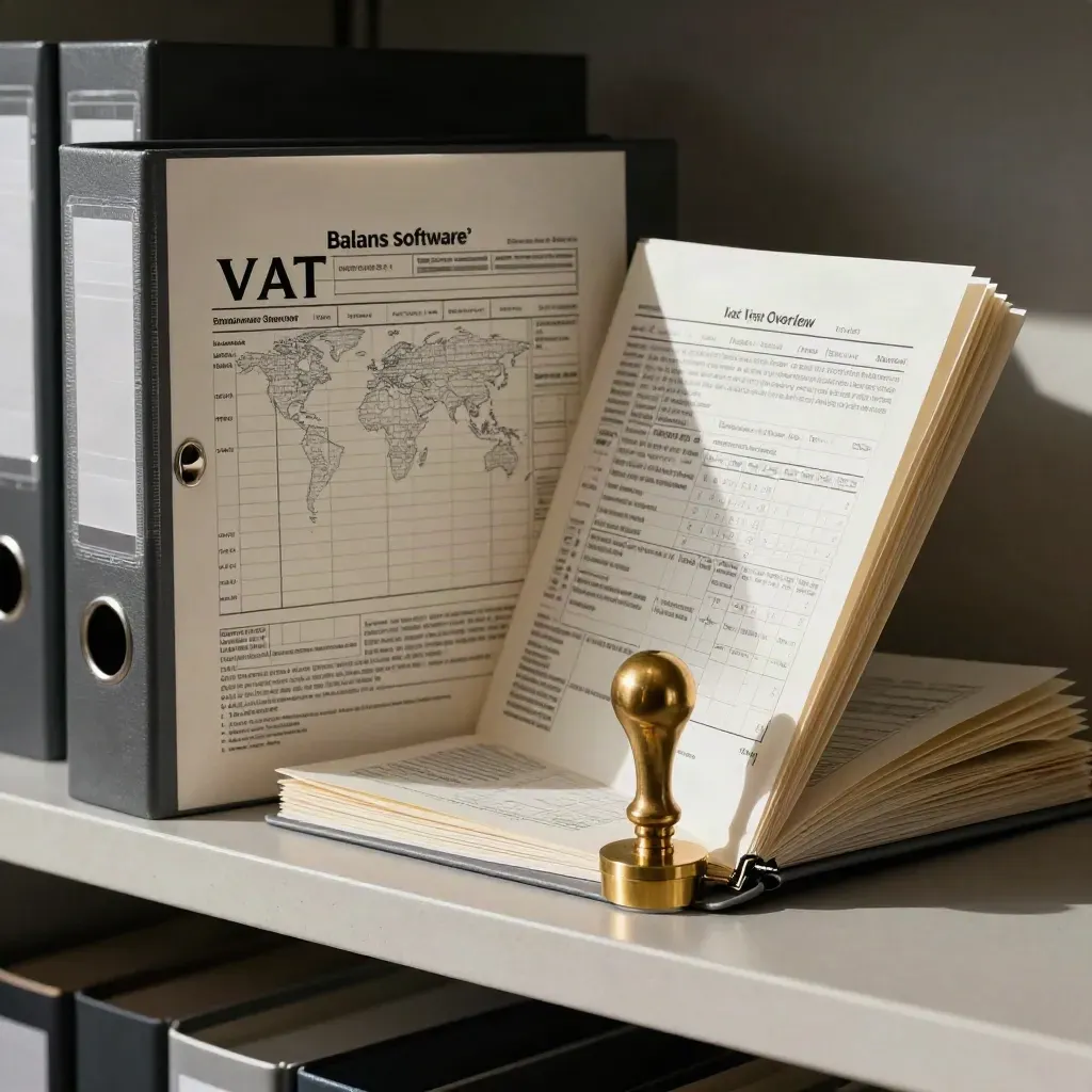 Brass stempel, btw-dividers en auditmap op een rustige archiefshelf.