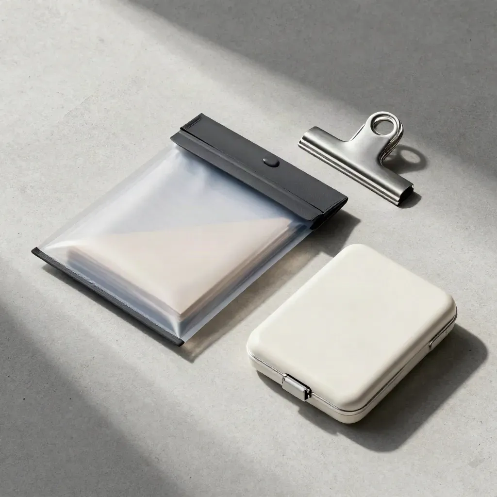 Bovenaanzicht van een archiefpouch, metalen klem en exportkoffer op licht beton.