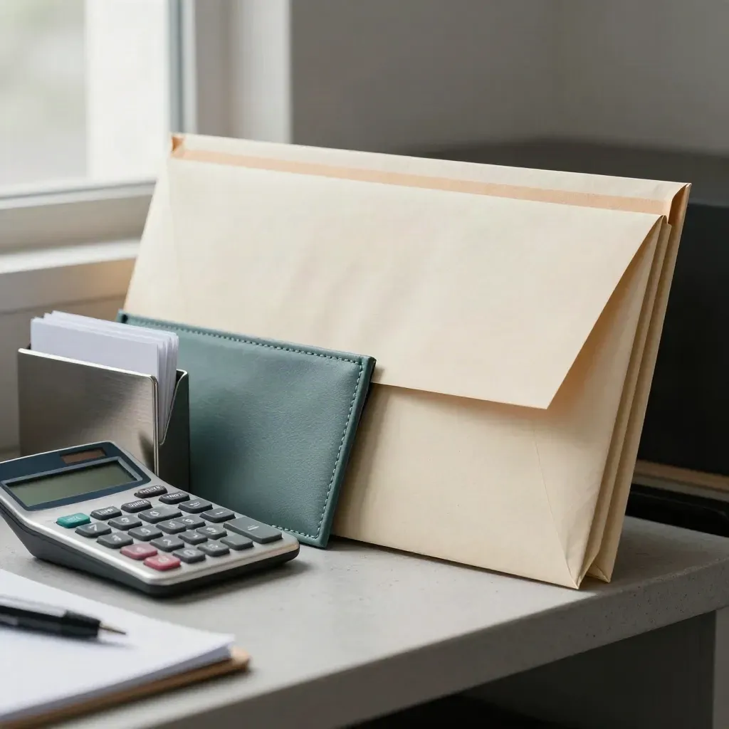 Payrollenveloppen, rekenmachine en tijdkaart-houder naast een smalle transferpouch.