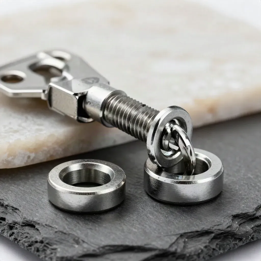 Macro van stalen pen, split ring en sluitringen op een leisteen oppervlak.