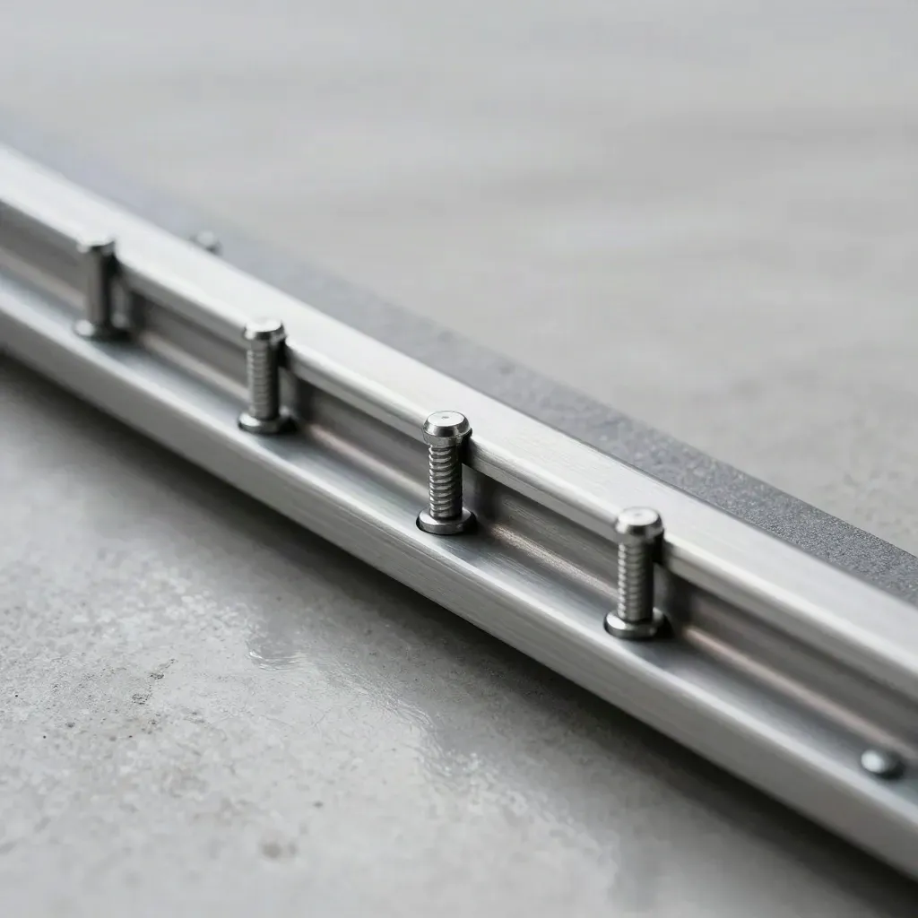Close-up van aluminium rails met vergrendelpennen en grafietblok op een betonnen oppervlak.