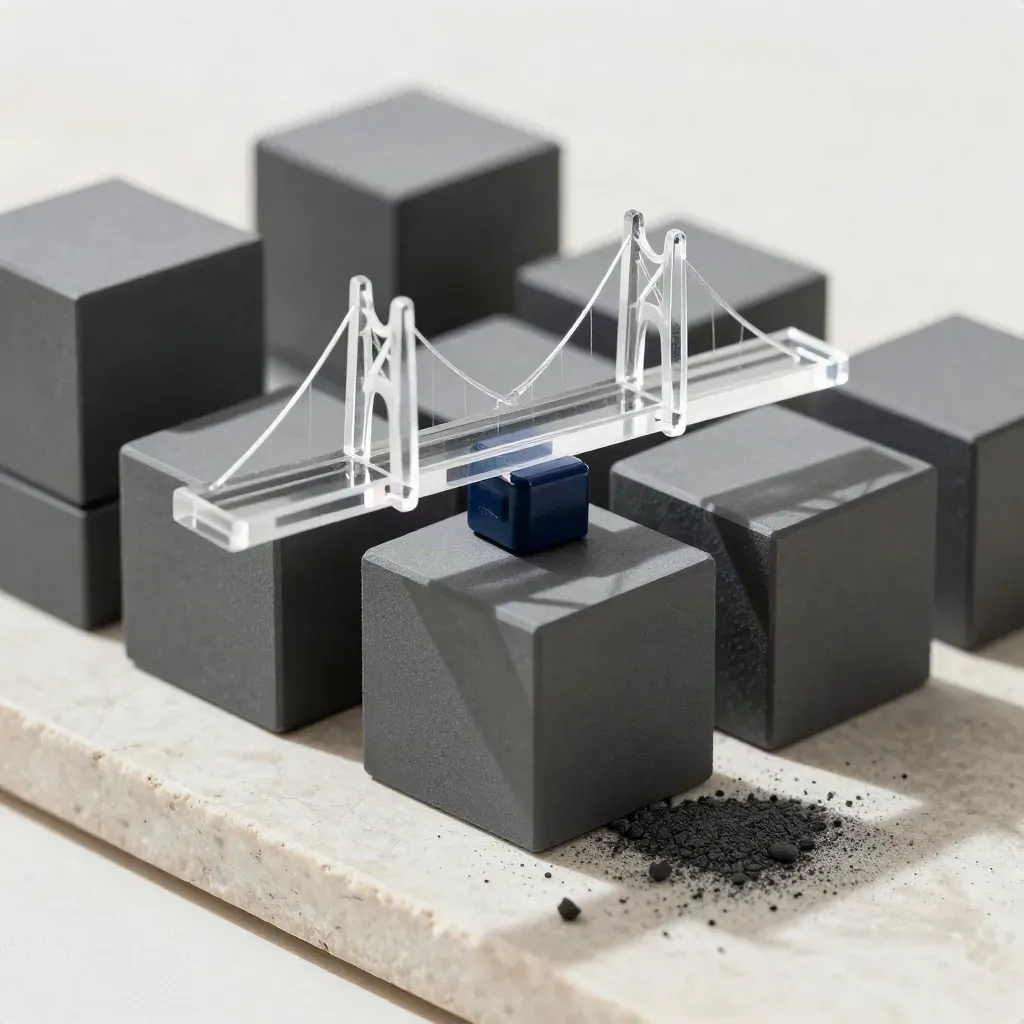 Graphietkleurige kubussen met transparante brug en navy magneetje op lichte steen.