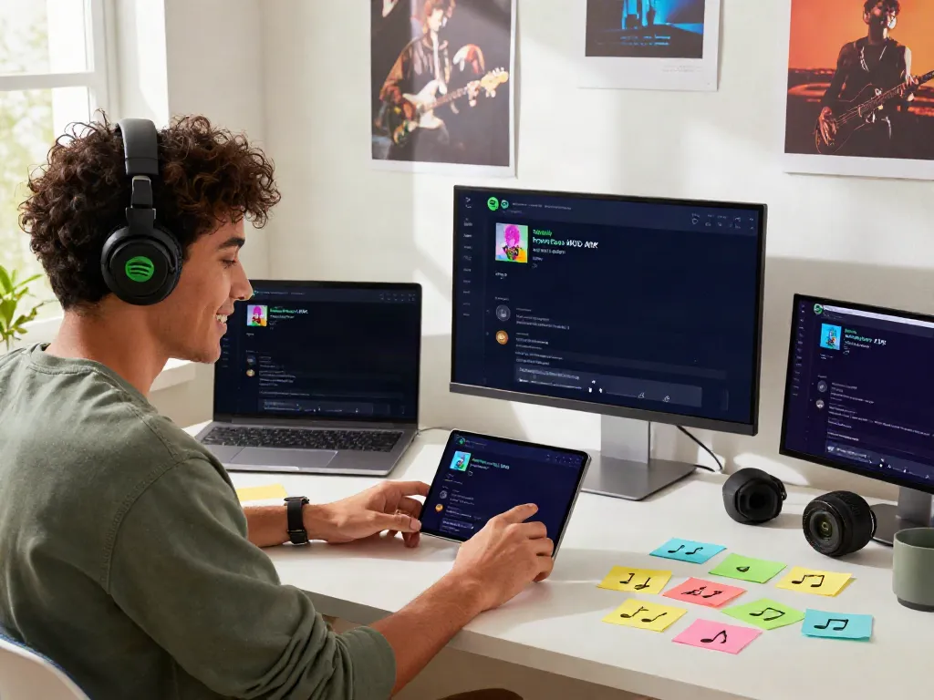 SpotiGeek user enjoying ad-free music with Spotify Premium MOD APK on Android in a vibrant workspace